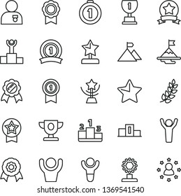 thin line vector icon set - star vector, pedestal, medal, winner, laurel branch, podium, prize, award, cup, reward, man hands up, with, motivation, mountain flag, first place, pennant, ribbon