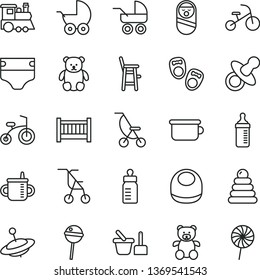 thin line vector icon set - baby cot vector, dummy, mug for feeding, bottle, measuring, diaper, bib, stroller, carriage, summer, sitting, stacking rings, roly poly doll, toy sand set, a chair child