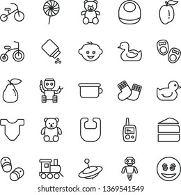 thin line vector icon set - baby powder vector, bib, Child T shirt, rubber duck, duckling, warm socks, toy mobile phone, children's potty, teddy bear, small, hairdo, train, yule, bicycle, tricycle