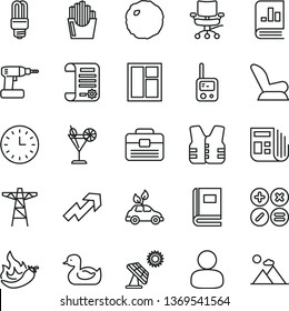 thin line vector icon set - growth up vector, car child seat, rubber duck, toy phone, window, cordless drill, portfolio, math actions, cabbage, fried potato slices, cocktail, hot pepper, power pole
