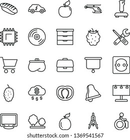 thin line vector icon set - bell vector, storage unit, small tools, CD, cart, japanese sushi, apricot, blackberry, mulberry, guava, half tomato, power socket, trees, electric transport, smd, purse