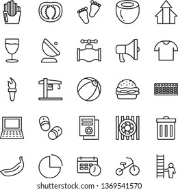 thin line vector icon set - bin vector, pie chart, baby bath ball, footprints, tricycle, child shoes, crane, T shirt, megaphone, burger, fried potato slices, glass, banana, half of coconut, tomato