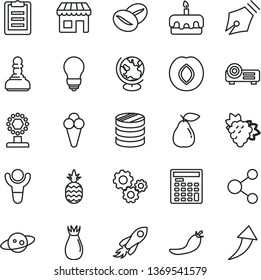 thin line vector icon set - bulb vector, torte, coffee beans, cone, a pineapple, branch of grape, pear, plum, rose hip, red pepper, kiosk, connection, space rocket, gears, column coins, projector