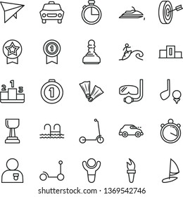 thin line vector icon set - Kick scooter vector, child, timer, car, pedestal, retro, stopwatch, flame torch, winner, gold cup, pawn, man with medal, purpose, first place, pennant, star, hang glider