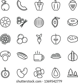 thin line vector icon set - stick of sausage vector, onion, cake with a hole, piece meat, peper, sushi set, japanese, cup tea, strawberry, peach, tasty apple, blueberries, water melon, slice, cherry