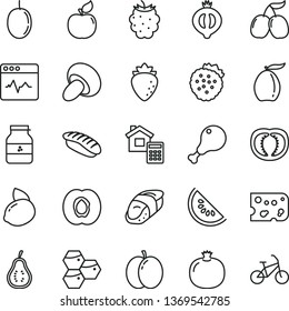 thin line vector icon set - estimate vector, cardiogram, piece of cheese, porcini, chicken leg, sushi, japanese, jar jam, strawberries, honeycombs, half apricot, pomegranate, raspberry, bike