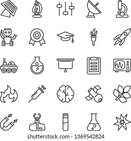 thin line vector icon set - round flask vector, magnet, test tube, microscope, brain, settings, satellite, oscilloscope, flame, scientist, graduate hat, clipboard, medal, robot, sun panel, antenna