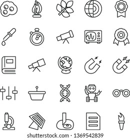 thin line vector icon set - omelette vector, pan, file, microscope, telescope, glasses, dna, settings, book, pipette, globe, oscilloscope, magnet, flame, artifical insimination, earth core, medal