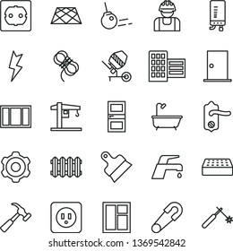 thin line vector icon set - safety pin vector, crane, cogwheel, concrete mixer, window, frame, bath, power socket type b, f, door knob, ntrance, interroom, city block, brick, hawser, putty knife