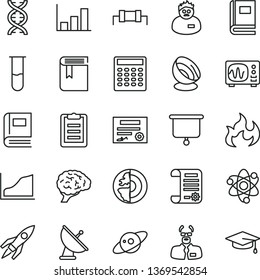 thin line vector icon set - book vector, research article, test tube, atom, dna, brain, oscilloscope, flame, scientist, clipboard, calculator, growth graph, earth core, satellite antenna, saturn