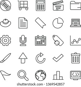 thin line vector icon set - tassel vector, truck lorry, sign of the planet, desktop microphone, laptop, calendar, bin, upward direction, bookmark, cargo trolley, scribbled paper, spectacles, hat