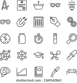 thin line vector icon set - jar vector, pan, test tube, molecule, glasses, zoom, bulb, brain, gears, book, pipette, magnet, graduate hat, calculator, drawing compass, growth graph, stopwatch