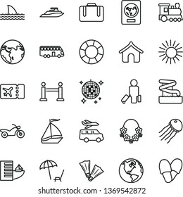 thin line vector icon set - earth vector, train, bus, sail boat, motorcycle, rope barrier, passenger, suitcase, passport, plane ticket, hotel, boungalow, arnchair under umbrella, sun, hawaii wreath