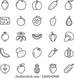 thin line vector icon set - piece of cheese vector, porcini, cucumber, carrot, strawberries, a pineapple, apple, red, tasty, raspberry, strawberry, medlar, mulberry, slice melon, loquat, goji berry