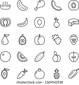 thin line vector icon set - cheese vector, hot porridge, chicken leg, cabbage, cucumber, beet, carrot, strawberry, a pineapple, apple, half apricot, pomegranate, grape, tasty, slice of melon, water