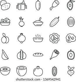 thin line vector icon set - measuring cup for feeding vector, loaf, a bowl of buckwheat porridge, hot, lettuce in plate, chicken thigh, grill leg, cucumber, beet, garlic, omelette, apple, squash