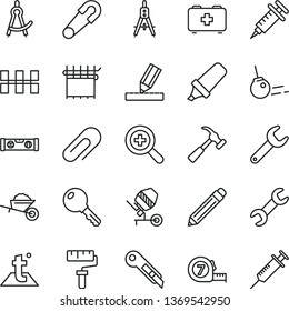 thin line vector icon set - paint roller vector, clip, graphite pencil, zoom, safety pin, bag of a paramedic, garden trolley, concrete mixer, long meashuring tape, building level, drawing, core, key