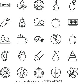 thin line vector icon set - stacking toy vector, building level, carrot, cup of tea, pear, tasty apple, strawberry, water melon, half mango, plum, passion fruit, kiwi, sour lime, slice pineapple