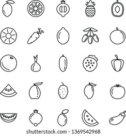 thin line vector icon set - carrot vector, strawberries, orange slice, medlar, half of, mulberry, mango, loquat, goji berry, delicious plum, water melon, date fruit, tangerine, lemon, juicy, lime
