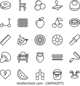 thin line vector icon set - yardstick vector, baby bib, a chair for feeding, small yule, box of bricks, Kick scooter, concrete mixer, paint bucket, new roller, broken heart, porcini, cake with hole