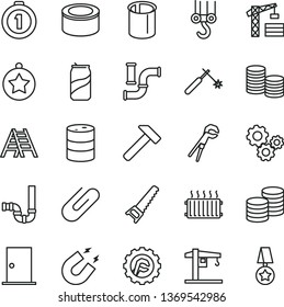 thin line vector icon set - crane vector, tower, winch hook, adjustable wrench, hand saw, ladder, siphon, ntrance door, star gear, hammer, coins, clip, canned goods, soda can, water pipes, barrel