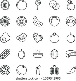 thin line vector icon set - cheese vector, pizza, Hot Dog, glazed cake with a hole, porridge, Chupa Chups, popcorn, fried egg, biscuit, orange, peach, pomegranate, half, branch of grape, melon, kiwi