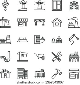 thin line vector icon set - house vector, crane, dwelling, hook, building trolley, window, small tools, siphon, buildings, paving slab, road fence, hammer with claw, kiosk, factory, hydroelectricity