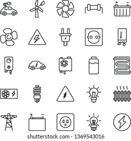 thin line vector icon set - danger of electricity vector, power socket type b, heating coil, boiler, electronic, fan screw, charge level, wind energy, accumulator, battery, pole, electric plug, car
