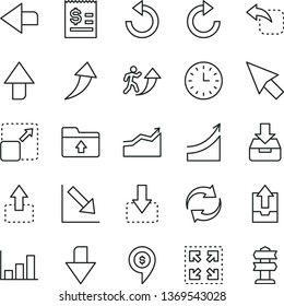 thin line vector icon set - upward direction vector, downward, left, renewal, clockwise, counterclockwise, negative chart, upload archive data, folder, put in a box, expand picture, size, move up