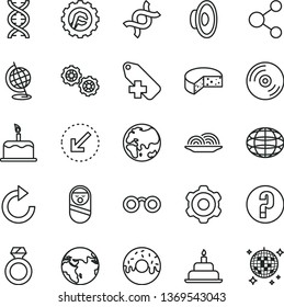 thin line vector icon set - clockwise vector, loudspeaker, add label, question, roly poly doll, birthday cake, gears, cogwheel, star gear, left bottom arrow, CD, cheese, onion, glazed with a hole