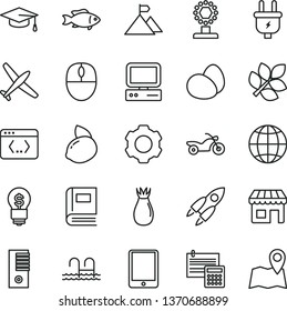 thin line vector icon set - calculation vector, earth, eggs, fish, rose hip, yellow lemon, plug, kiosk, computer, tablet pc, mouse, tower, coding, settings, book, graduate hat, rocket, biology, cup