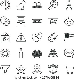 thin line vector icon set - warning vector, archive, funny hairdo, ladder, building level, alarm clock, noodles, biscuit, half pomegranate, beans, magnet, Measuring compasses, Glass bottle, speech