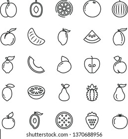 thin line vector icon set - strawberry vector, pear, peach, ripe, apple, quince, apricot, tasty, water melon, slice of, mango, half, loquat, delicious plum, tangerine, lemon, yellow, passion fruit