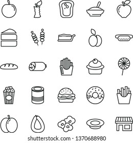 thin line vector icon set - sausage vector, stick of, loaf, tin, fried vegetables on sticks, mini hot dog, burger, muffin, piece cake, slice, glazed with a hole, bowl buckwheat porridge, plate milk
