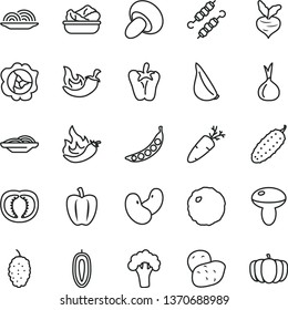 thin line vector icon set - onion vector, slices of, mushroom, porcini, lettuce in a plate, meat on skewers, cabbage, cucumber, chili, peper, garlic, carrot, squash, mulberry, sweet date fruit, hot