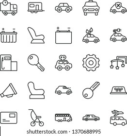 thin line vector icon set - truck lorry vector, horn, toys over the cot, Baby chair, car child seat, summer stroller, motor vehicle, present, key, pass card, delivery, modern gas station, battery