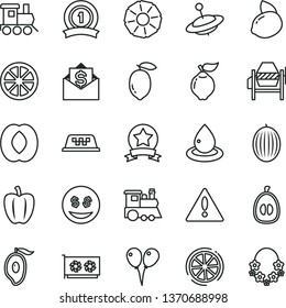 thin line vector icon set - warning vector, baby toy train, children's, yule, colored air balloons, concrete mixer, quince, melon, half of mango, peach, loquat, lemon, yellow, juicy, slice, drop oil