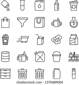 thin line vector icon set - bin vector, storage unit, mug for feeding, measuring cup, bottle, baby powder, packing of juice with a straw, bucket, dust, bag handles, package, popcorn, coffe to go