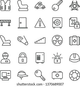 thin line vector icon set - warning vector, Baby chair, car child seat, open pin, bag of a paramedic, medical, workman, key, ntrance door, construction helmet, road fence, lock, strongbox, autopilot
