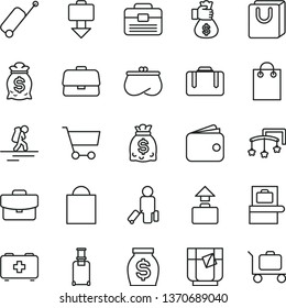 thin line vector icon set - paper bag vector, toys over the cot, of a paramedic, portfolio, suitcase, with handles, glass tea, cart, briefcase, wallet, purse, money, dollars, hand, backpacker, case