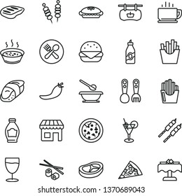 thin line vector icon set - plates and spoons vector, plastic fork, coffee, fried vegetables on sticks, pizza, piece of, big burger, pie, porridge in a saucepan, bacon, chop, barbecue, French fries
