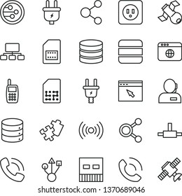thin line vector icon set - Puzzle vector, power socket type b, big data, phone call, plug, electric, SIM card, connection, connections, scheme, dispatcher, mobile, usb, network, browser, connect