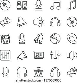 thin line vector icon set - bell vector, desktop microphone, horn, drumroll, drum, headphones, music, CD, regulator, volume, no sound, phone call, loudspeaker, pc card, speaker, note, settings