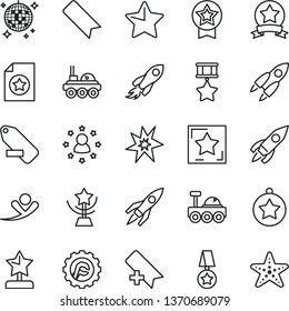 thin line vector icon set - add bookmark vector, remove label, star gear, rocket, space, lunar rover, bang, cup, reward, medal, hero, ribbon, certificate, stars around man, flying, disco ball