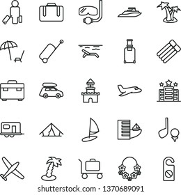 thin line vector icon set - suitcase vector, sand castle, plane, car baggage, camper, passenger, rolling, case, hotel, tent, beach, arnchair under umbrella, palm tree, hawaii wreath, diving mask
