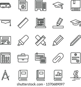 thin line vector icon set - clip vector, briefcase, graphite pencil, yardstick, e, abacus, buildings, writing accessories, drawing, calculation, scribed compasses, text highlighter, graduate hat
