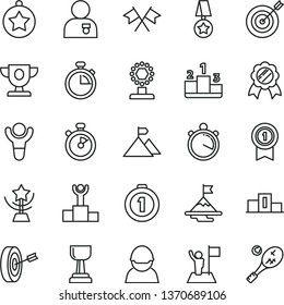 thin line vector icon set - stopwatch vector, pedestal, racer, winner, podium, prize, cup, gold, star, man with medal, flag, motivation, mountain, target, purpose, first place, pennant, cross flags