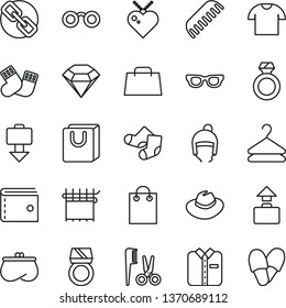 thin line vector icon set - purse vector, spectacles, hat, accessories for a hairstyle, comb, warm socks, Knitted, winter, bag with handles, T shirt, folded, hanger, cloth industry, hand, glasses