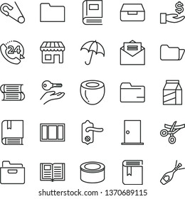 thin line vector icon set - folder vector, book, open pin, e, books, window frame, door knob, ntrance, received letter, umbrella, drawer, 24, package, canned goods, half of coconut, kiosk, champagne