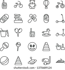 thin line vector icon set - beanbag vector, baby rattle, bath ball, stacking rings, toy, roly poly doll, tumbler, phone, mobile, sand set, children's, small teddy bear, yule, rocking horse, tricycle
